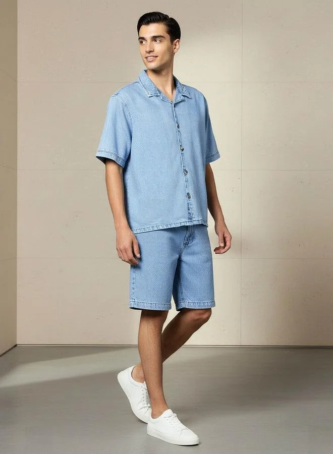 لي كوبر Lee Cooper Men Regular Fit Camp Collar Short Sleeve Shirt